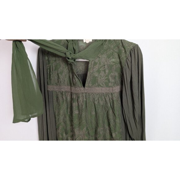 TINY Anthropologie Isla Embroidered Tunic Dress Long Sleeve Tie Neck Green XL - Picture 7 of 11